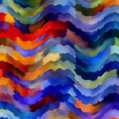 The primary subject of the image is a colorful, abstract pattern featuring a mix of blue, orange, and green hues. The setting is a wall, and the visual style appears to be a combination of digital art and illustration. The colors and mood of the image are vibrant and lively, creating a dynamic and engaging atmosphere.